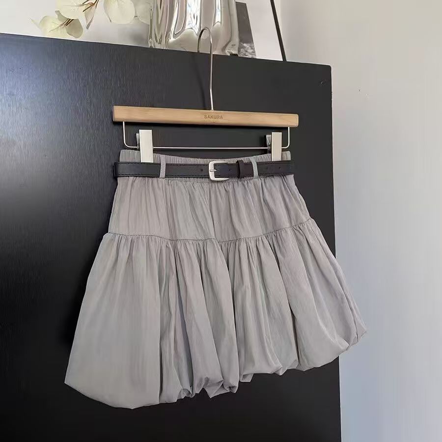 High Waisted Slimming White Summer Tulip Skirt with Belt 2025 New Style Cake Lantern Design Women's Bottoms_ecoleips.com