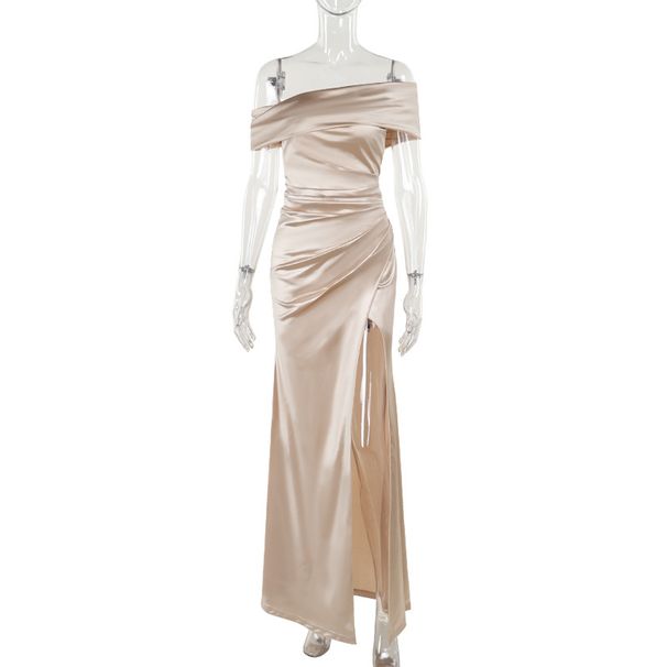 YJ24467 Silk Gloss Off-Shoulder For Women, Socialite Style, Elegant And Sexy Long Dress With Slit_ecoleips.com