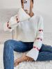Cozy Striped Knit Sweater With Heart Elbow Detail – Oversized Round Neck Pullover For Women, Soft Acrylic Long Sleeve Top_ecoleips.com