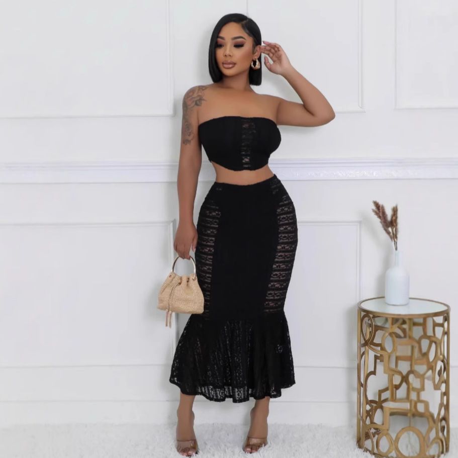 2025 Spring New Sexy Strapless High Waist Crop Top Bodycon Mermaid Dress Set For Women_ecoleips.com