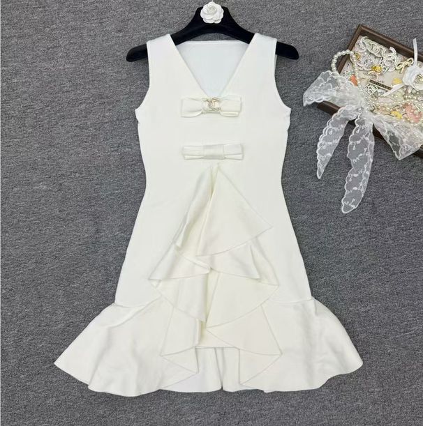 Elegant Luxury Ice Silk Sleeveless Bow Ruffle Dress for Women Summer New Style Gentle Dress_ecoleips.com