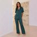 Cross-border Women's Clothing New Solid Color Lapel Home Wear Comfortable Casual Pajamas Short-sleeve Long-pants_ecoleips.com