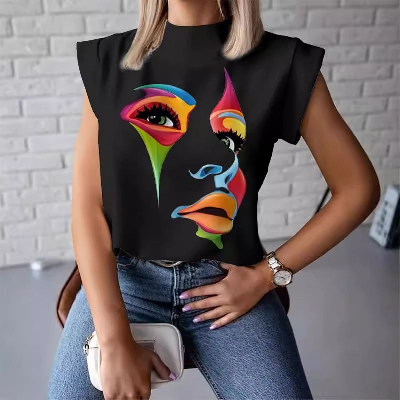 Women's High Neck Short Sleeve T-Shirt Fashionable Casual Short Style Top_ecoleips.com