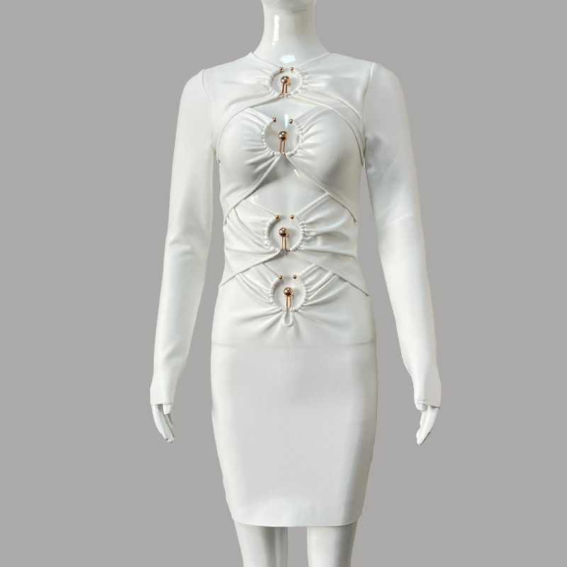 2025 Style Hollow Out Design Sense Crop Top Bandage Women Long Sleeve Evening Bodycon Dress_ecoleips.com