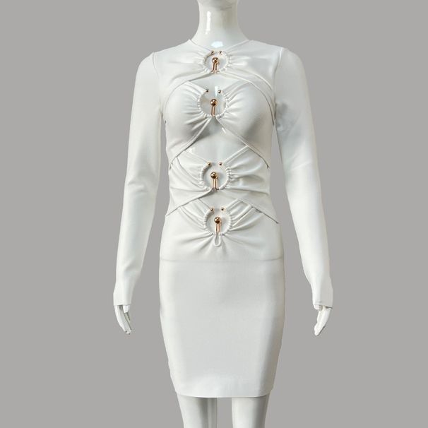 2025 Style Hollow Out Design Sense Crop Top Bandage Women Long Sleeve Evening Bodycon Dress_ecoleips.com