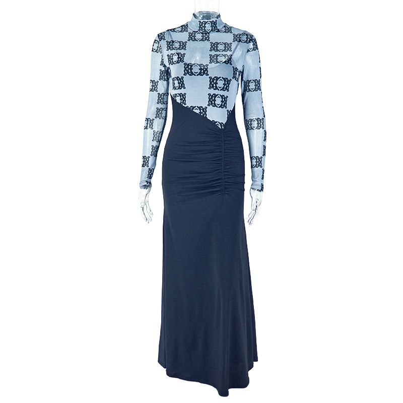 Women's Clothing Fashion Splicing Women's Clothing Pleated Slim Hip Skirt Slightly Transparent Stand Collar Long Sleeve Fake Two Piece Long Dress_ecoleips.com