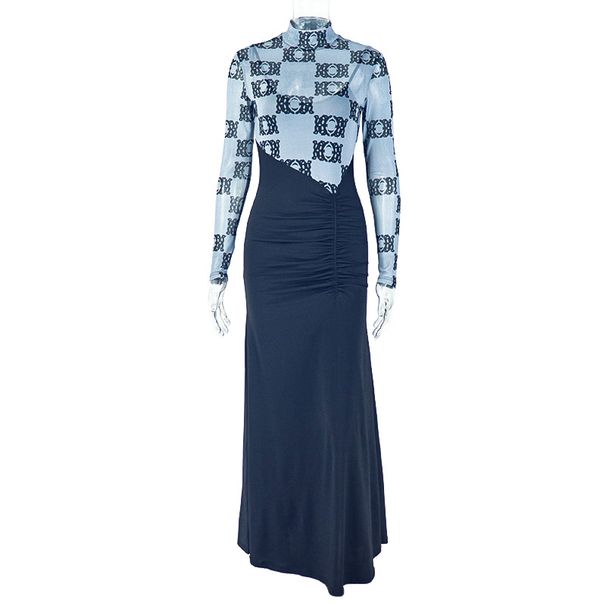 Women's Clothing Fashion Splicing Women's Clothing Pleated Slim Hip Skirt Slightly Transparent Stand Collar Long Sleeve Fake Two Piece Long Dress_ecoleips.com