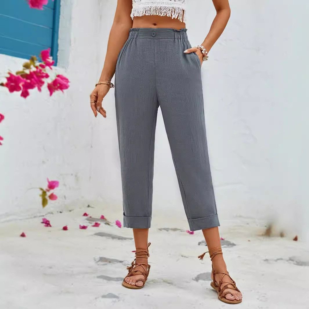 Suitable For All Seasons Summer Elegant Holiday Style Elastic Pocket Loose High Waist Women's Cropped Wide-leg Pants_ecoleips.com