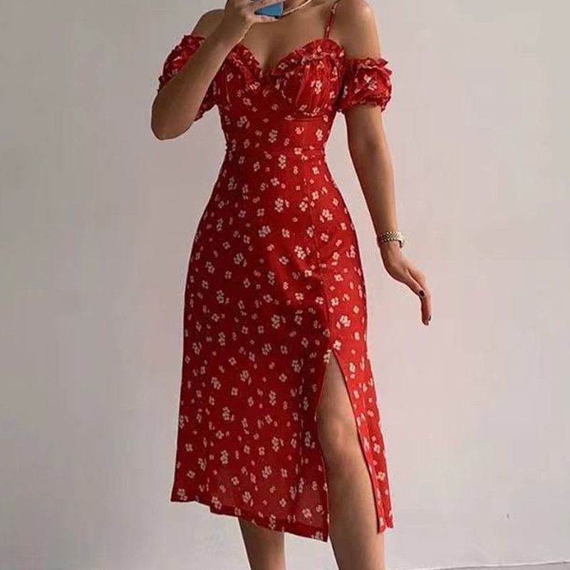 Colors 5 Sizes In Stock Foreign Trade Women's New Sexy Slim Mid-Length Floral French Strap Dress_ecoleips.com