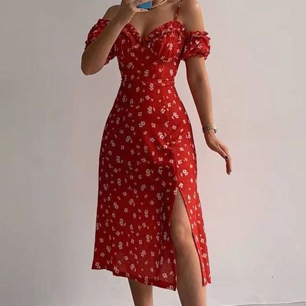 Colors 5 Sizes In Stock Foreign Trade Women's New Sexy Slim Mid-Length Floral French Strap Dress_ecoleips.com