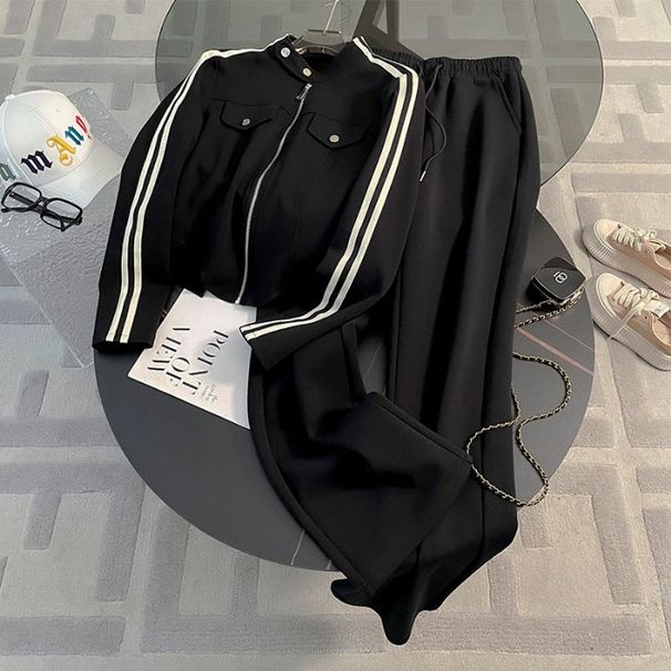 Korean Style Casual Sports Suit For Women, Autumn New Fashionable Slimming Stand Collar Zipper Sleeve Sweatshirt And_ecoleips.com