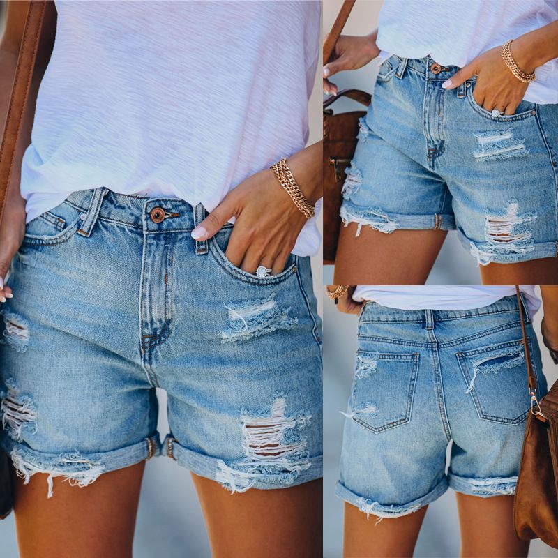 Women's Clothing Denim Shorts Straight Leg Washed Out Jeans Hole Versatile Casual Commute Style Denim Jeans_ecoleips.com