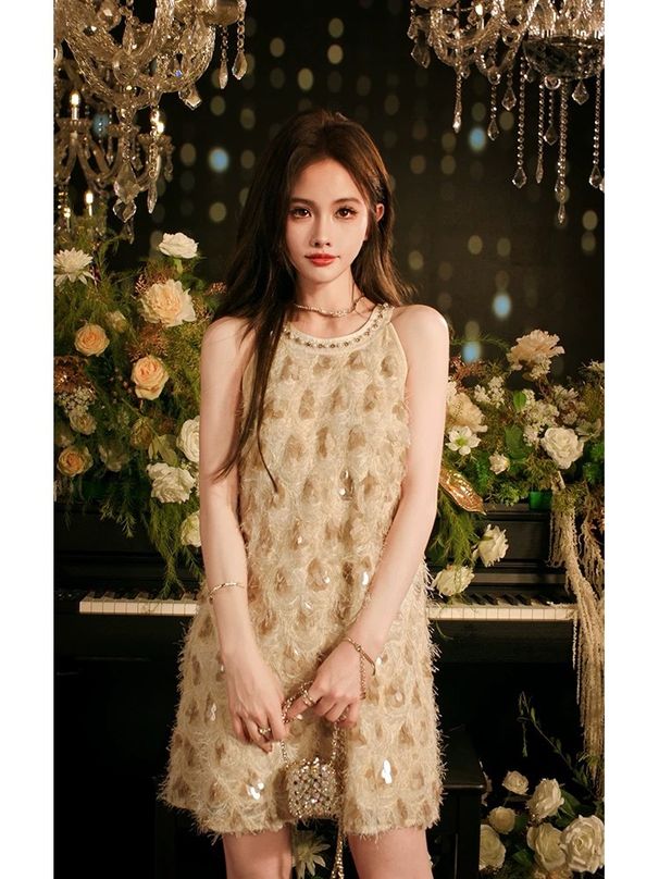 2025 Spring Gorgeous Sequin Tassel A-Line Suspender Rich Heiress French High-End Slimming Mini Dress_ecoleips.com