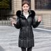 Women's Longline Hooded Puffer Coat - Winter Warm Thickened Polyester Filled Jacket With Detachable Faux Fur Trim, Slim Fit Zip-Up Outerwear_ecoleips.com