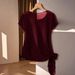 Women's Lightweight Satin Weave Short Sleeve Top With Ruffle Tie Detail, Breathable Round Neck T-Shirt_ecoleips.com