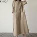 ZANZEA Spring Summer Loose Long Dress For Woman Cotton Linen O-Neck Long Sleeve Side Slit Solid Color Dresses Baggy Robes Femme_ecoleips.com