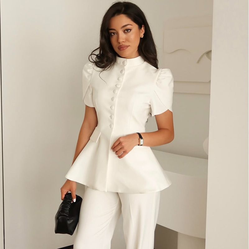 Women's Summer Blazer With Bubble Sleeves & Waist Cinch – Stylish Polyester Cropped Jacket, Button-Up Office-To-Dinner Top (White, S-2xl)_ecoleips.com