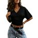 Women's V-Neck Short Sleeve T-Shirt With Waist-Defining Pleats - Elegant Solid Color Top For Casual Chic_ecoleips.com