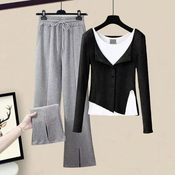 Women’s Clothing Spring And Autumn New Women's Suits Two Piece Tops Bottoming Shirts Split Wide Leg Casual Pants Design Three Piece Suit_ecoleips.com
