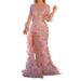 "Lotus Leaf V-Neck Pink Sequin Evening Gown – Elegant High-Slit Dress With Lantern Sleeves_ecoleips.com