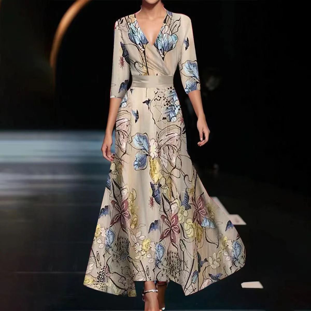 Women's Clothing Temperament Three Quarter Sleeve Long Dress_ecoleips.com