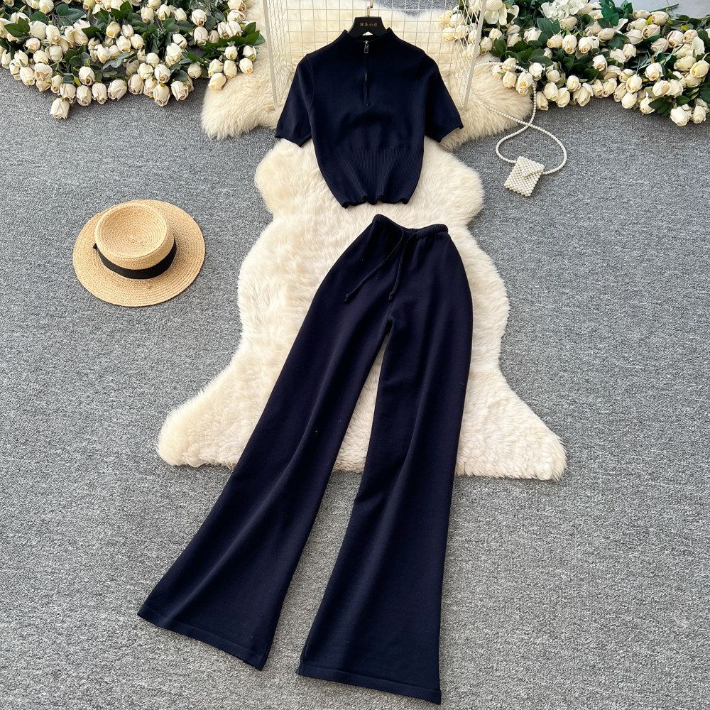 Women's Slim Fit Two Piece Set Summer Commuter Friendly High Waisted Top With Short Sleeves And Slightly Flared Pants Versatile Fashionable Suit_ecoleips.com