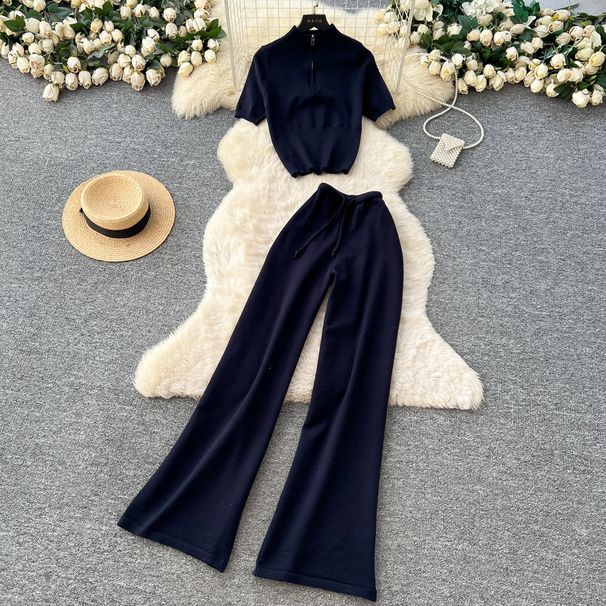 Women's Slim Fit Two Piece Set Summer Commuter Friendly High Waisted Top With Short Sleeves And Slightly Flared Pants Versatile Fashionable Suit_ecoleips.com