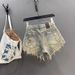 2026 New Retro Old Ripped Holes Heavy Industry Fringed Rough Edge A-word Super Shorts Spice Girl Hip-wrapped Single-breasted Denim Shorts_ecoleips.com
