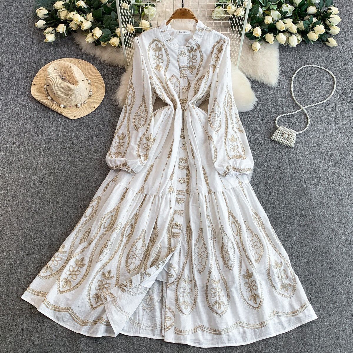 Vintage Embroidered Peplum Dress – Floral Lace Collar, High Waist & Flared Hem For Timeless Elegance (Multiple Colors, One Size)_ecoleips.com