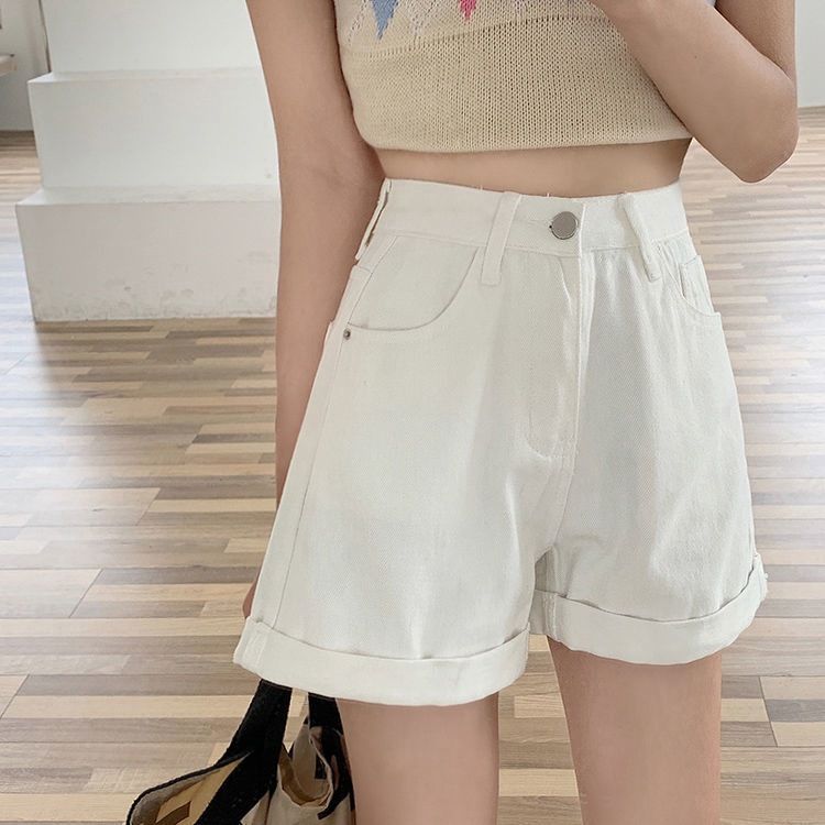 Women's High-Waisted Wide-Leg Denim Shorts Korean Style Summer 2021 Slimming Loose Fit Rolled up Hem Trendy Hot Pants_ecoleips.com