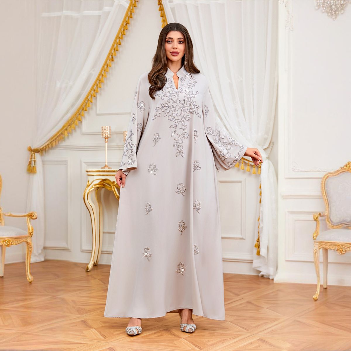 Elegant Embellished Abaya Dress For Women - Long Sleeve Muslim Prayer Dress With Rhinestone Detailing - Modest Loose Fit Dubai Islamic Fashion_ecoleips.com