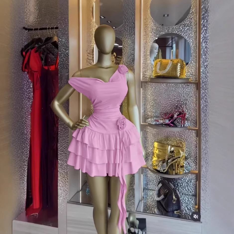 European And American Style Sweet Cowl Neck Three Dimensional Floral Short Dress for Women Sleeveless Cake Pink_ecoleips.com