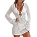 Women's Clothing Women's Beach Cover Up Sexy Deep V Neck Round Hollow Out Knit Long Sleeve Versatile Vacation Sun Protection Beachwear_ecoleips.com