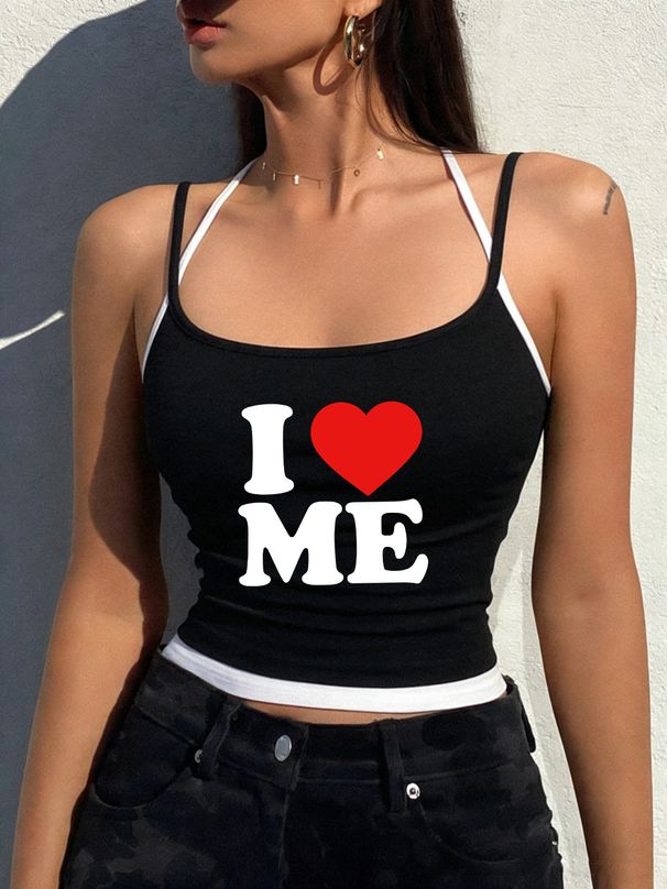 I Love Me Letter Printed Tank Tops Summer Womens Crop Camisole Soft Slim Fake Two Piece Sleeveless Y2K Sexy Thin Womans Vest Top_ecoleips.com