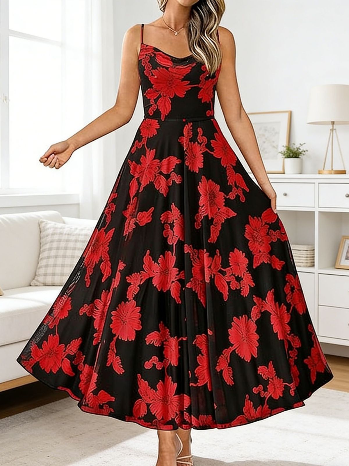 Summer New Arrival Women's Printed Chiffon Dress Tubby Neck Full Swing Waist Cinching European American Style_ecoleips.com