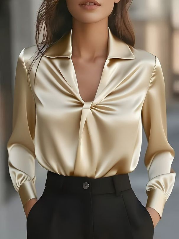 Satin Pleated Long Sleeve Blouse - Elegant Womens Shirt For Autumn, Office & Casual Wear, Wrinkle-Resistant Polyester_ecoleips.com