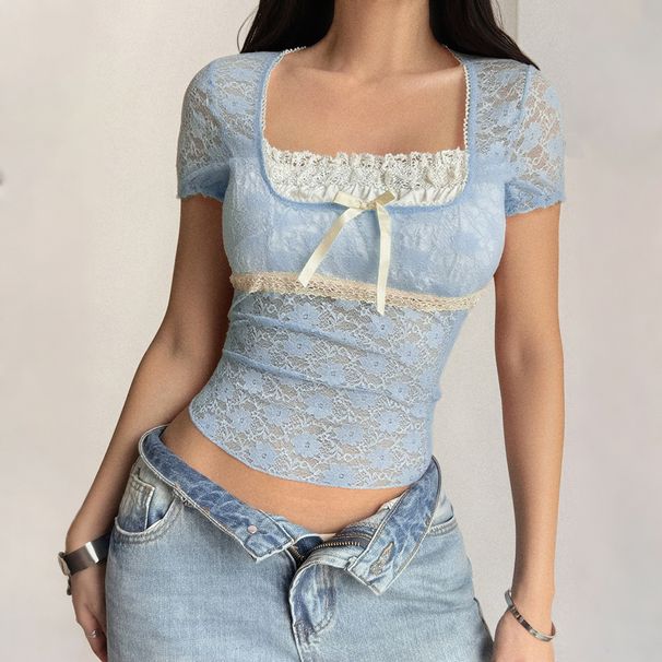 DiYun European And American Y2K Sexy Style Lace Short-Sleeve Tank Top T-Shirt Women's Clothing 2025 Summer_ecoleips.com