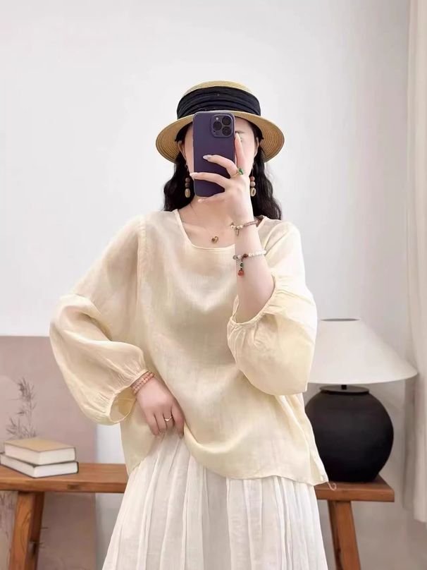 Summer Solid Color Round-Neck Lantern Sleeve Cotton And Linen Three-Quarter Sleeve Mid-Sleeve Top Loose, Comfortable And_ecoleips.com