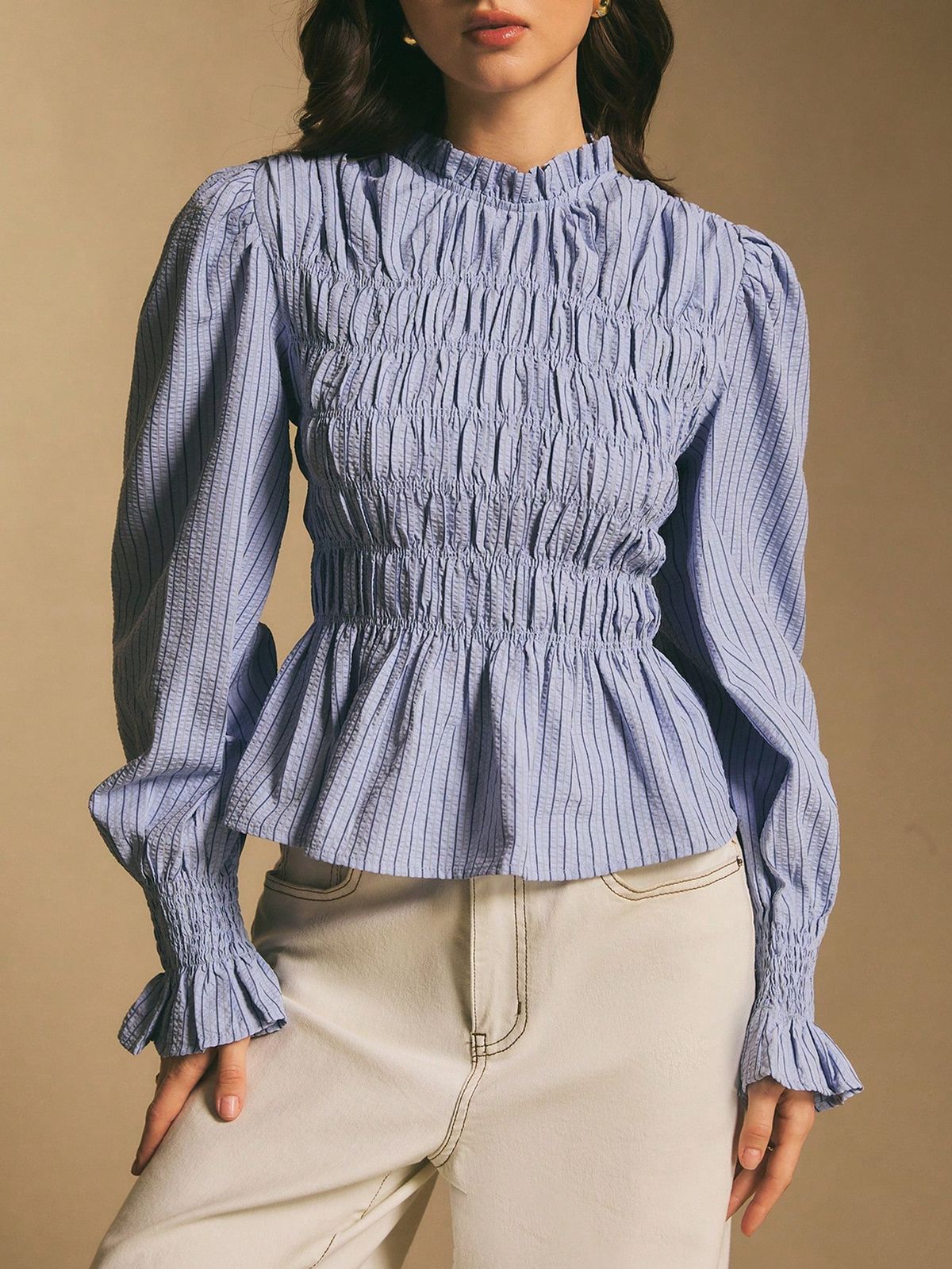 Blue Striped Blouse Ruffle Trim Puff Sleeves Elegant Retro Fit Women Casual Office Wear S M L_ecoleips.com
