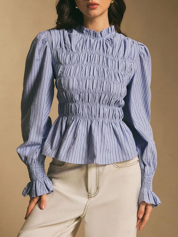 Blue Striped Blouse Ruffle Trim Puff Sleeves Elegant Retro Fit Women Casual Office Wear S M L_ecoleips.com
