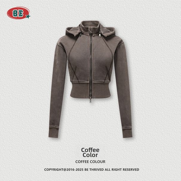 BE Women's Retro Detachable Hooded Sweatshirt Zipper Jacket Short Waist European American Style Autumn Clothing Lulu Theme_ecoleips.com