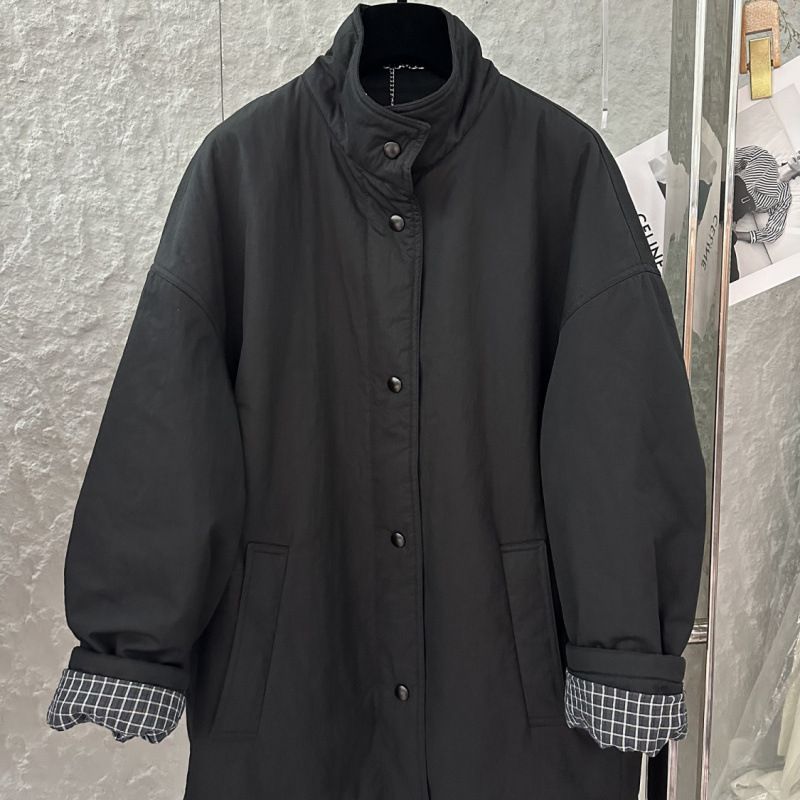 girl High-End European Style Autumn Winter New Loose Casual Stand Collar Single-Breasted Cotton Jacket Plaid Patchwork Coat_ecoleips.com
