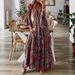 2024 European And American Cross-border Bohemian Style Bell-sleeve Printed V-neck High-waisted Holiday Floral Women's_ecoleips.com