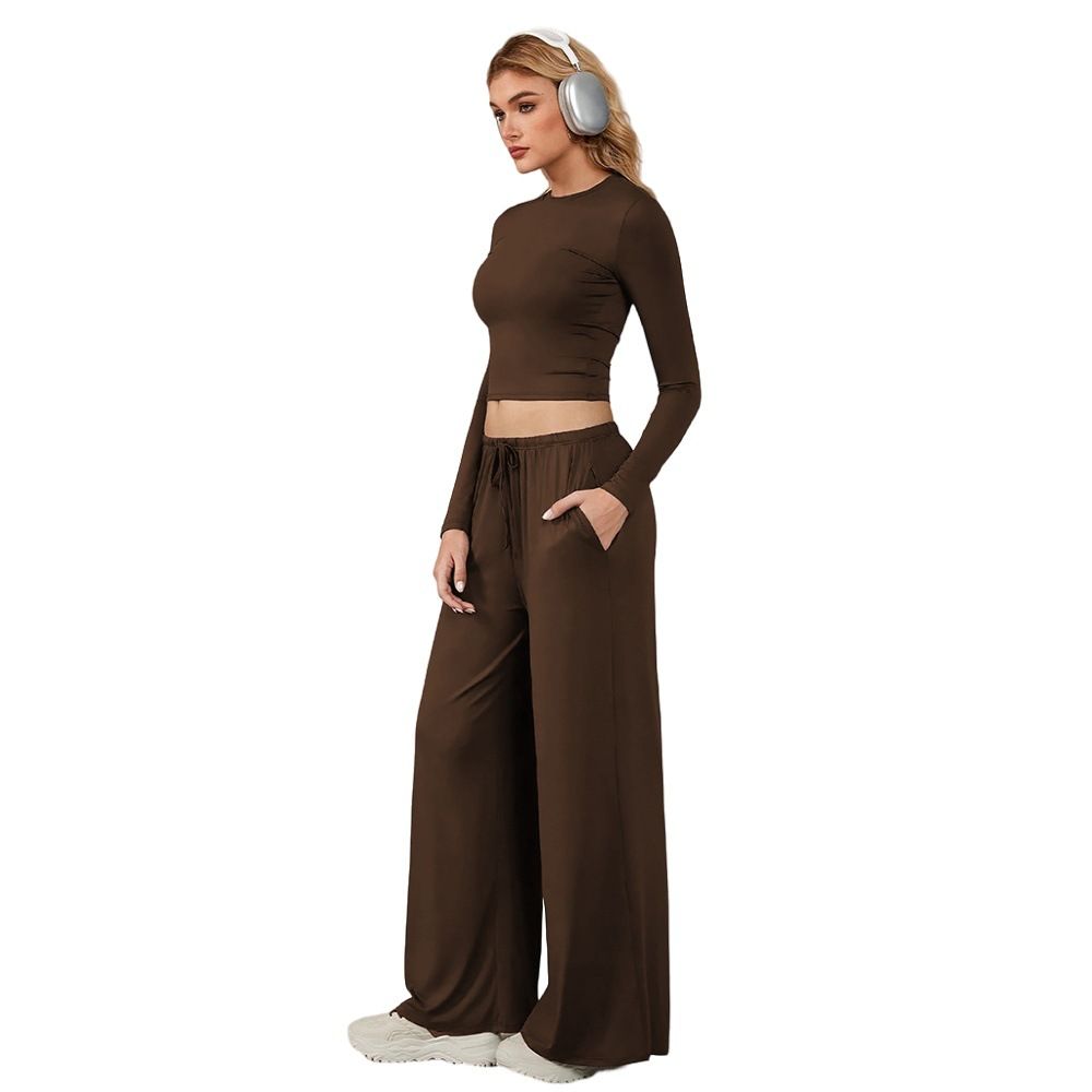 Voya Lazy Style Two-piece Brown Long Sleeved Short Cut Crop Top, Wide Leg Casual Pants, Fashionable And Comfortable Suit For Women_ecoleips.com