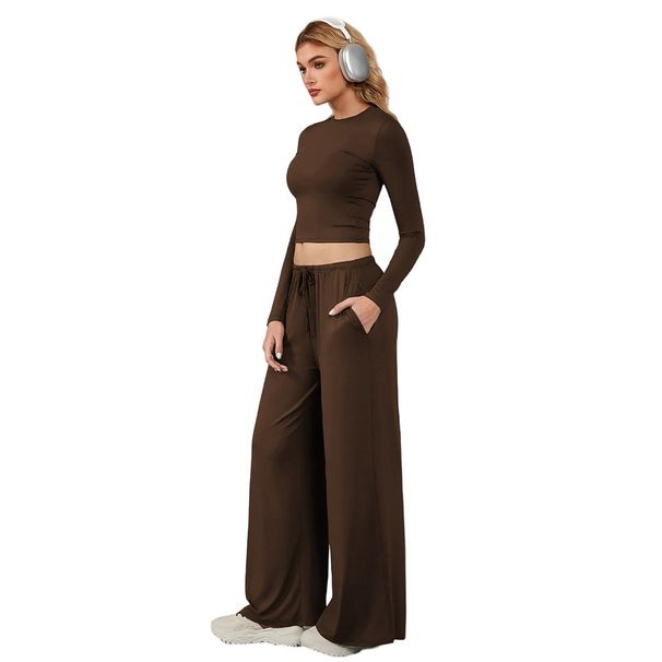 Voya Lazy Style Two-piece Brown Long Sleeved Short Cut Crop Top, Wide Leg Casual Pants, Fashionable And Comfortable Suit For Women_ecoleips.com