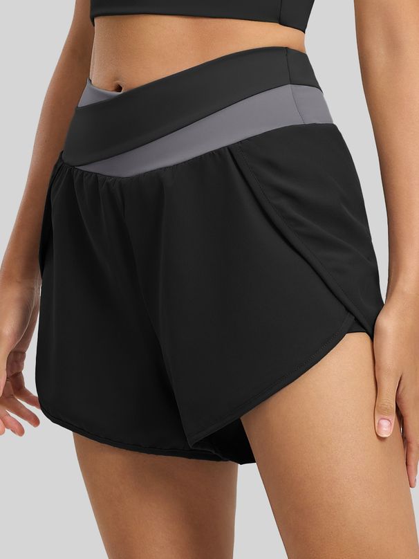 K Color Blocked Women's Running, Fitness, Breathable Side Pockets, Anti Glare, Fake Two-piece Yoga Sports Shorts_ecoleips.com