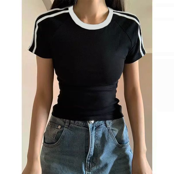 Summer Design-Sensing American Vintage Three-Stripe Color-Blocking Pure Cotton Short-Sleeve T-Shirt For Women, Sporty To_ecoleips.com