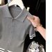 Women's Grey Collared Button Down Knit Top Short Sleeved Fashionable Slimming French Casual New Summer Style_ecoleips.com