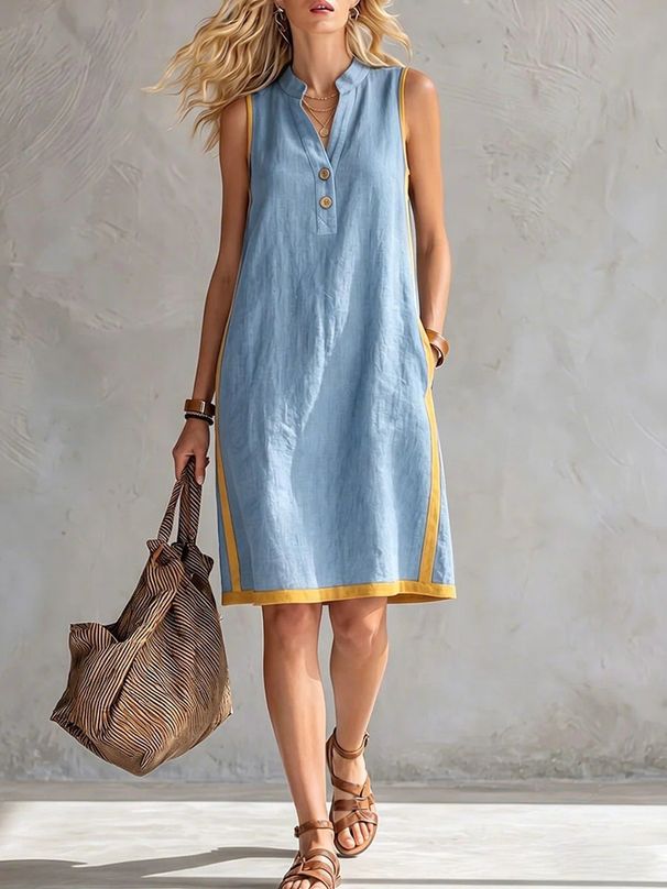 New 2026 Women's V Neck Sleeveless Dress European American Style Cotton Linen Summer Casual Elegant Midi Skirt for Beach Vacation_ecoleips.com