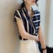 Summer New Style Women's Elegant Stand Collar Striped Shirt Top Short Sleeve Elegant Fashionable Trendy_ecoleips.com